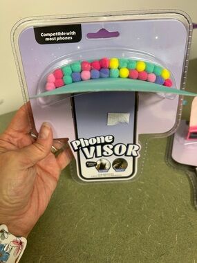 Pom-Pom Phone Grip & Sun Visor - Mint with Multicolor Pom Poms